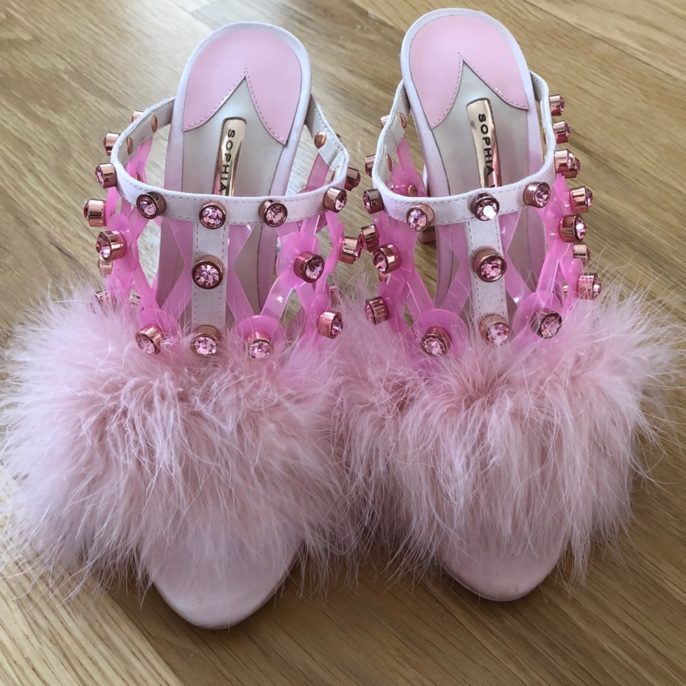 Pink rhinestone fur peep toe sandal heel